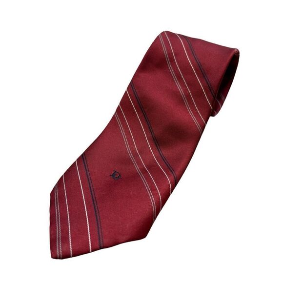 Vintage Men’s Christian Dior Burgundy Striped Silk Blend Tie - Picture 1 of 8